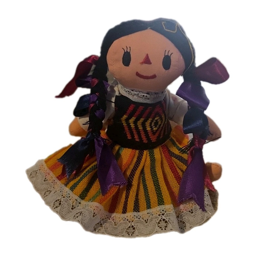 Folk Art Mexican Rag Doll Artisan Handmade Maria Girl Black Yarn Hair w/Ribbons